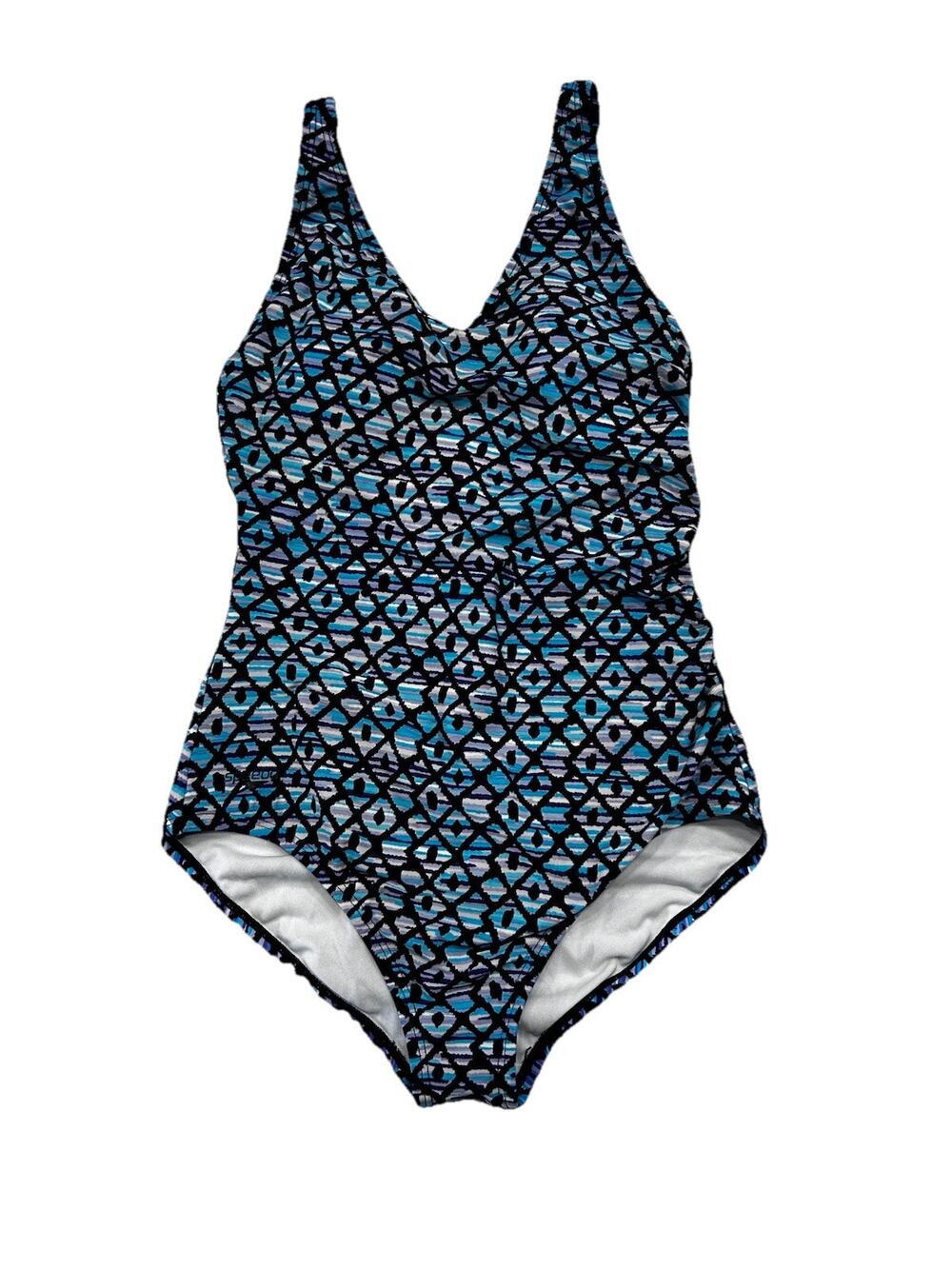 Speedo Black Blue Purple Geometric Built In Bra One Piece Swimsuit 10 Ruched
